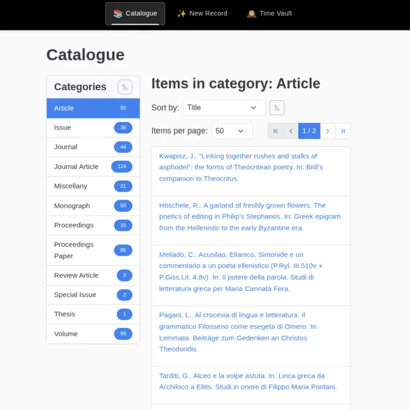 HERITRACE catalogue interface