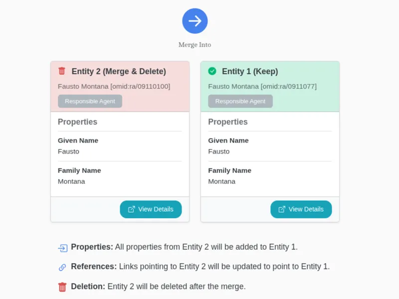 HERITRACE confirmation screen for merging two entities