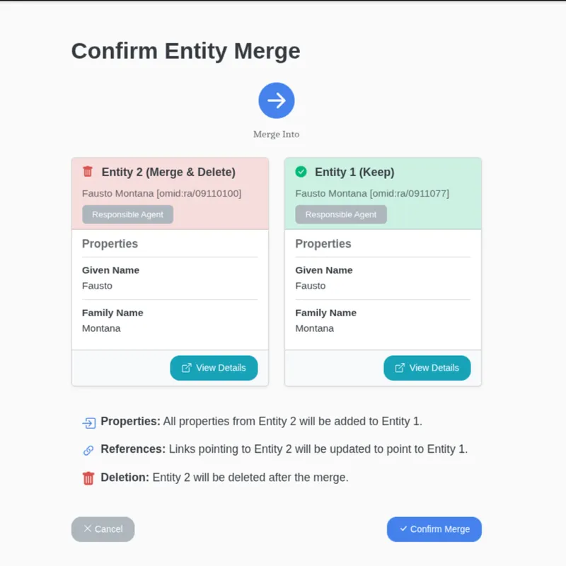 HERITRACE confirmation screen for merging two entities