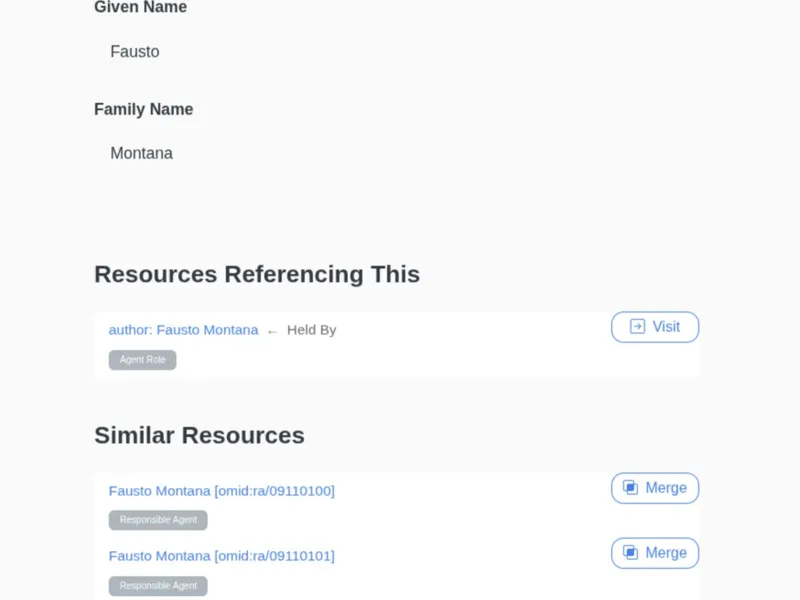 HERITRACE interface showing a list of similar resources for potential merging