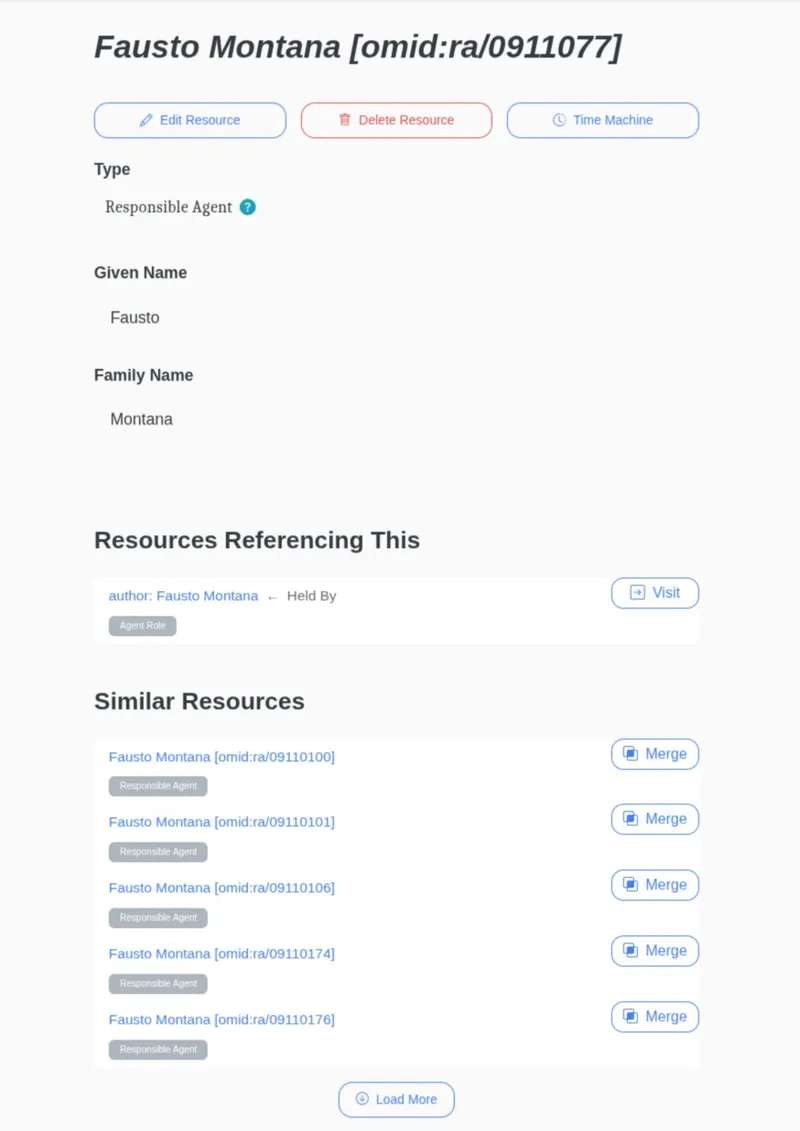 HERITRACE interface showing a list of similar resources for potential merging