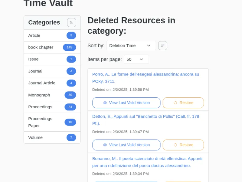 The HERITRACE time vault interface, showing a list of deleted resources