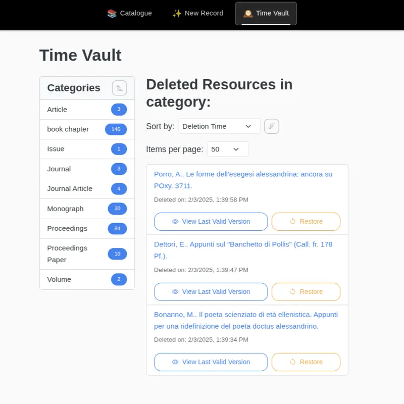 The HERITRACE Time Vault interface, showing a list of deleted resources